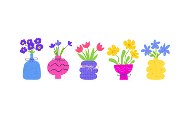 Bright modern flowers in a vase. Stylized vector floral set. Perfect for greeting cards, posters, scrapbooking, and stickers.