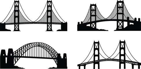 Fototapeta premium Bridge silhouettes, suspension bridge vector, arch bridge illustration, engineering design icons, architectural structure artwork, black construction concept, isolated graphic elements