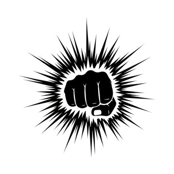 A black fist punching through a burst of energy isolated on transparent background