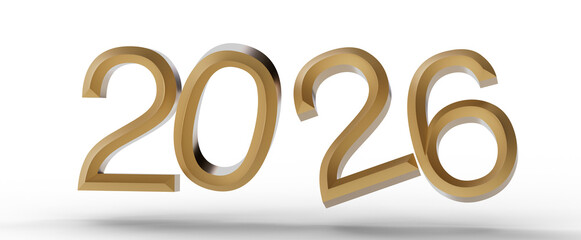 Gold 2026 numbers rendered on a white surface. Ideal for New Year greetings, events, and business themes. © vegefox.com