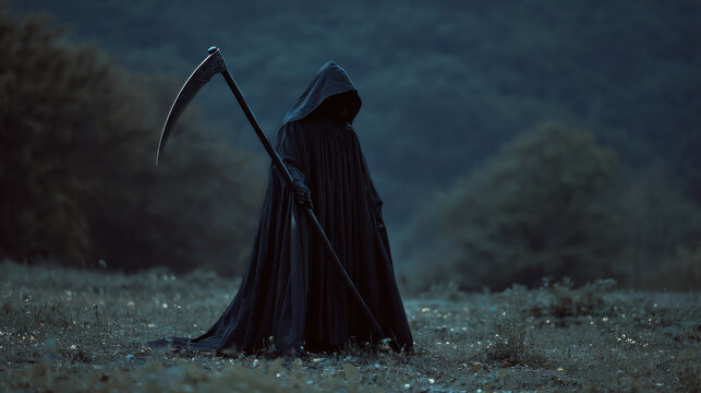 Grim reaper hooded figure dark cloak scythe night misty field eerie atmosphere fantasy horror death hood shadow silhouette mysterious spooky forest meadow grass landscape fog moody gothic