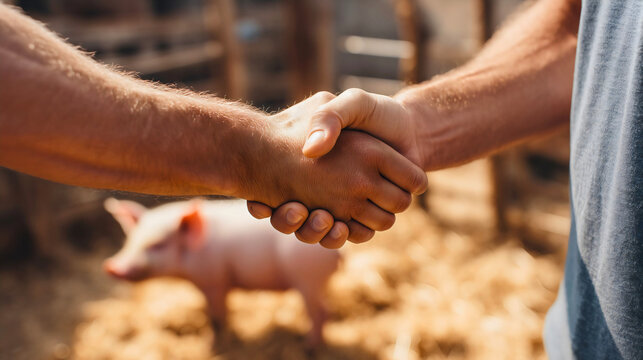 Close-up of farmers shaking hands after successful pig sale, livestock business deal, agricultural partnership, blurred piglet in farm pen background.