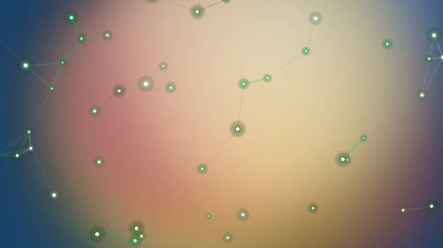 Green particles suspended in a colorful gradient background viewed from a straight-on perspective