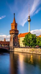 Fototapeta premium Waterway with old tower, distant sphere structure, blue sky, green trees