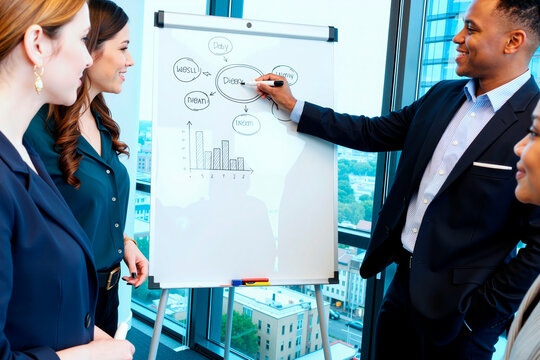 Group of young adult multiethnic professionals standing around flip chart, Black man presenting business strategy diagram while colleagues listening and discussing in modern office