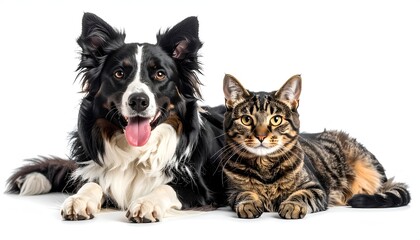 Fototapeta premium Dog and Cat's Unique Bond: The unlikely duo, a loyal dog and a curious cat, share a moment of togetherness, showcasing their unique bond. A testament to friendship that transcends species.