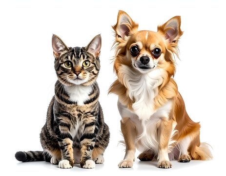 Canine and Feline Companions: A captivating pairing of a curious cat and a charming canine, harmoniously positioned, epitomizing the spirit of friendship and the joys of pet ownership.