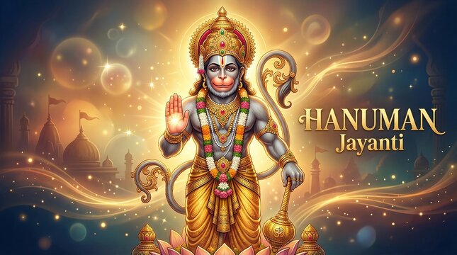 Hanuman Jayanti hindu god blessing portrait with golden crown and sacred tilak divine spiritual illustration for festival greeting and devotional poster 