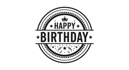 Happy Birthday Circular Stamp Design with Crown and Stars, Isolated White Background