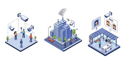 Obraz premium Three isometric illustrations depicting urban surveillance systems, including CCTV and facial recognition, in a park, city street, and bus stop.