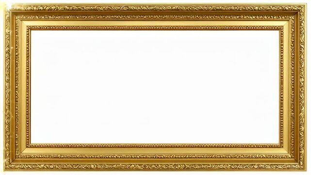 Elegant wide ornate gold picture frame with intricate vintage carvings and blank white mockup center space