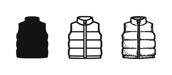 Puffer vest vector icons. Down vest symbols in silhouette, outline, and hand-drawn doodle style. © drawing lines