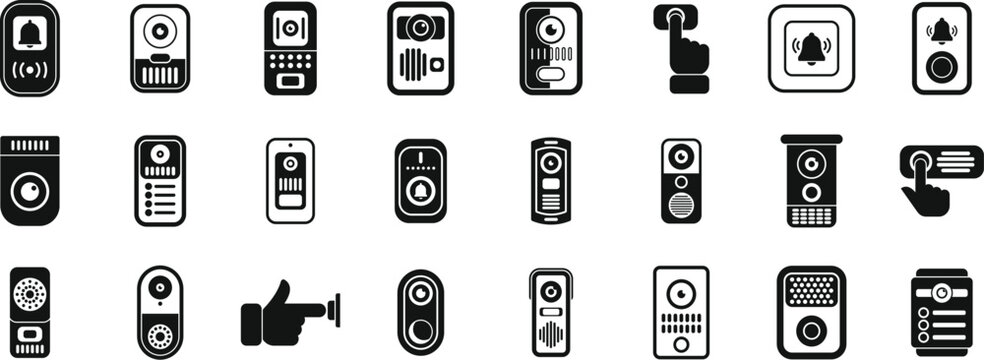 Comprehensive collection of 24 solid black icons featuring modern smart doorbell designs, intercom systems, and touch-access security devices.