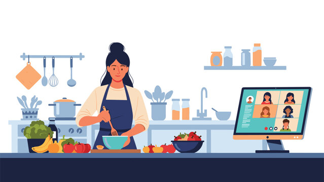 Woman cooking in a modern kitchen, stirring ingredients while participating in a video conference call, illustrating online cooking classes or virtual social gatherings.