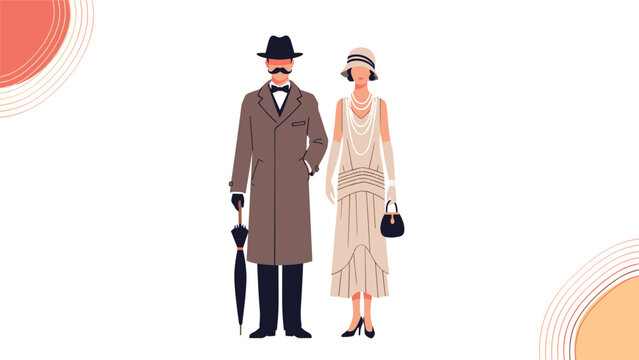 Elegant man and woman dressed in classic 1920s fashion, showcasing period-appropriate clothing, accessories, and distinct historical style.