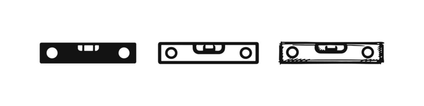 Spirit level vector icons. Bubble level tools in silhouette, outline, and hand-drawn doodle style.