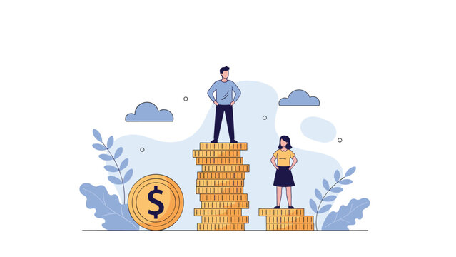 Man standing on a tall stack of coins and a woman on a shorter stack, symbolizing the gender pay gap, income inequality, and wealth disparity in society.