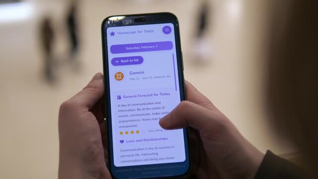 Close-up of a person using a modern astrology app. Scrolling through detailed Gemini forecasts for love, career, and health. High-quality footage for tech, spiritual lifestyle, and zodiac-related