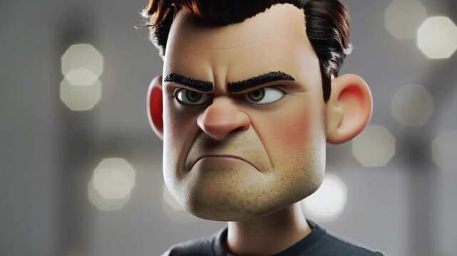 An angry cartoon man with a furrowed brow and scowling face is depicted in a 3D animated character close-up