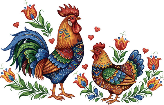 Colorful folk art rooster and hen with floral decorations on transparent background
