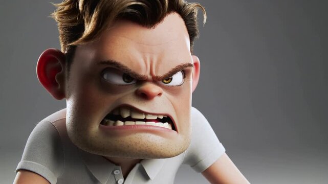 An angry cartoon man with a furious expression, frowning and looking directly at the viewer, in a 3D animated scene