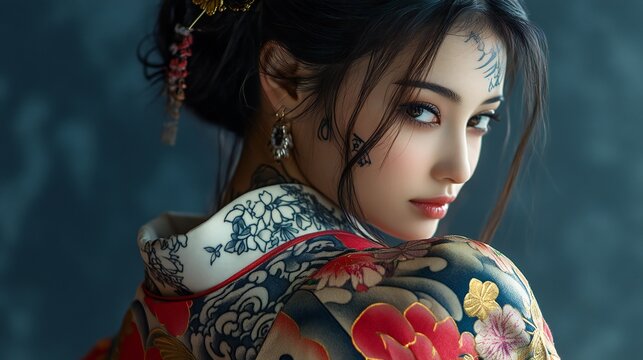 Young Woman Wearing a Traditional Kimono with Elaborate Japanese Tattoos on Back and Face, Posing Against a Dark Background