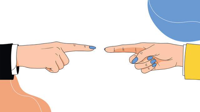 Close-up illustration of two hands from opposite sides pointing their index fingers towards each other against a simple background.