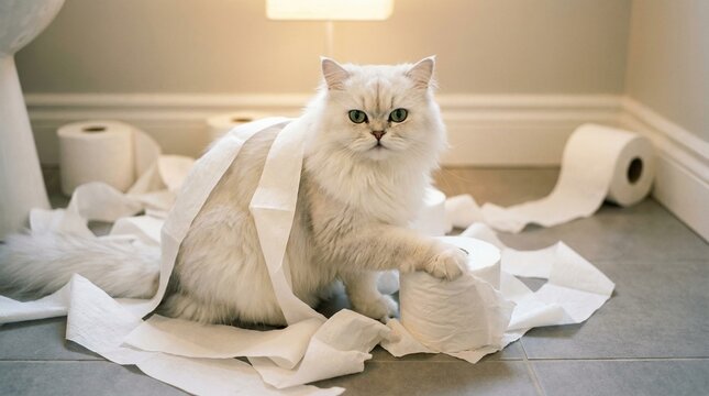 Fluffy cloud dancer white cat with a guilty mood sitting among scattered toilet paper rolls against a modern tiled bathroom background
