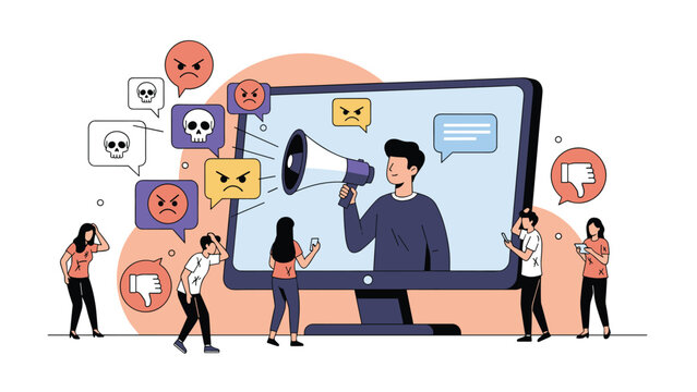 Man on a computer screen shouting into a megaphone, surrounded by people with smartphones and angry emojis, symbolizing cyberbullying, hate speech, and online harassment.