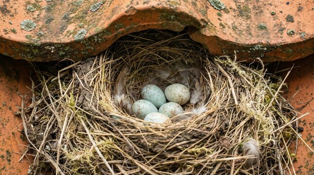 Photograph of a bird nest with five eggs, in earthy brown and light blue colors, representing spring wildlife ecology and nature conservation