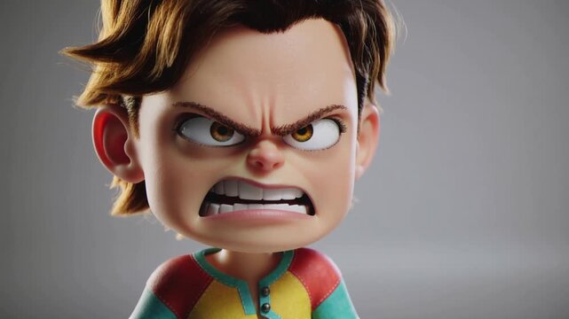 An angry cartoon character with furrowed brow and clenched teeth, depicting frustration and aggression in a 3D animated scene