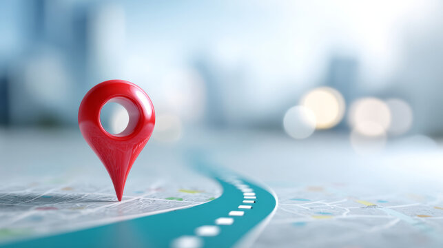 Red map marker on blurred city map