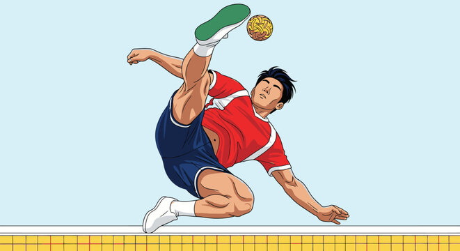 Athlete kicking sepak takraw ball in dynamic action against plain background