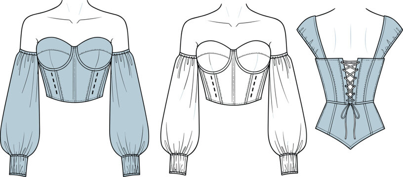 Women corset crop top vector illustration, off shoulder puff sleeve bustier with lace up back fashion technical drawing setWomen corset crop top vector 