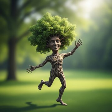 A tree headed humanoid figure dancing in a sunny forest with green grass and trees