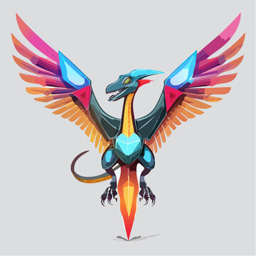 3D esports logo of a Microraptor with four glowing wings, mystical sci-fi colors