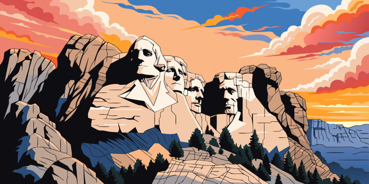 USA, US, U.S, Ultra‑wide minimalist flat‑vector illustration of Mount Rushmore at sunset featuring dramatic rock shadows, bold American landscape design, and iconic United States monument scenery.