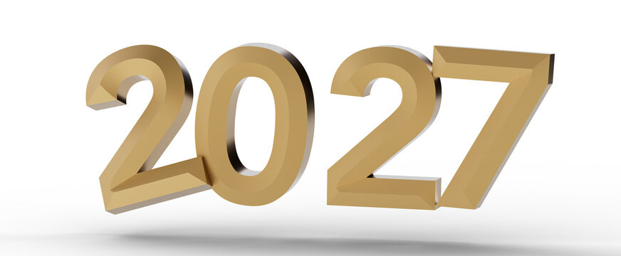 3D render of the year 2027 in gold against a clean white backdrop. Perfect for representing future planning, new year ce