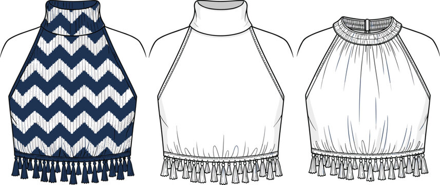 Women halter neck crop top vector illustration, tassel hem boho blouse set with zigzag pattern, front view fashion technical drawing collection