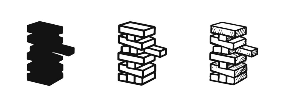 Wooden Block Tower Icon Set: Jenga Style Stacking Game in Glyph, Outline, and Hand-Drawn Styles