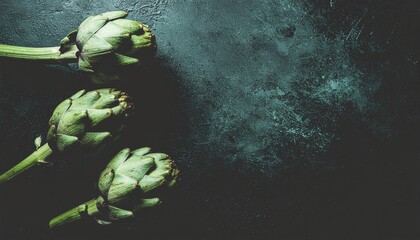 Fresh raw artichokes on a dark rustic background with copy space