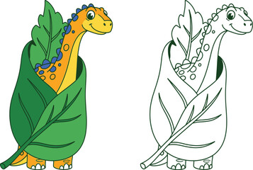 Cute Baby Brontosaurus Wrapped in a Leaf  Adorable Dinosaur Illustration for Kids Designs and Coloring Books © Mehrab