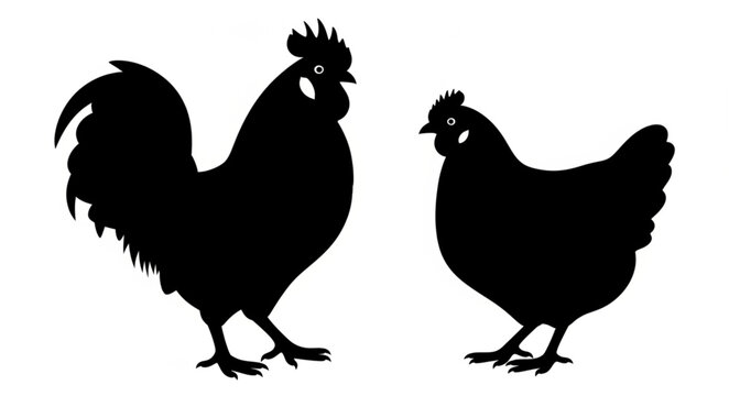 Rooster and Hen Silhouette Profile.