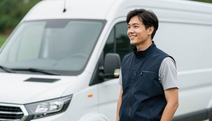 Delivery driver smiling by van urban area lifestyle image daylight outdoor scene professionalism