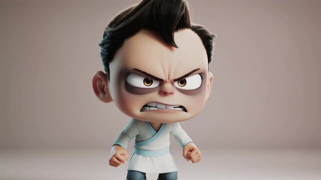 An angry cartoon character with fists clenched and an aggressive expression standing in a confrontational pose.