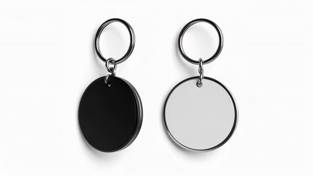 Two blank circular black and white keychains on white background for branding mockup