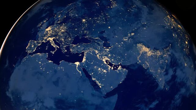 Planet Earth night view zoom out on Europe and Middle East from space. Cinematic satellite footage of glowing city lights and urban networks. Elements of this image furnished by NASA.