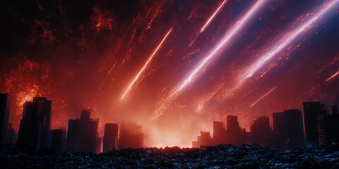 Meteor shower over city skyline at night with fiery asteroids in dramatic sky for disaster concepts, sci fi posters and climate awareness campaigns