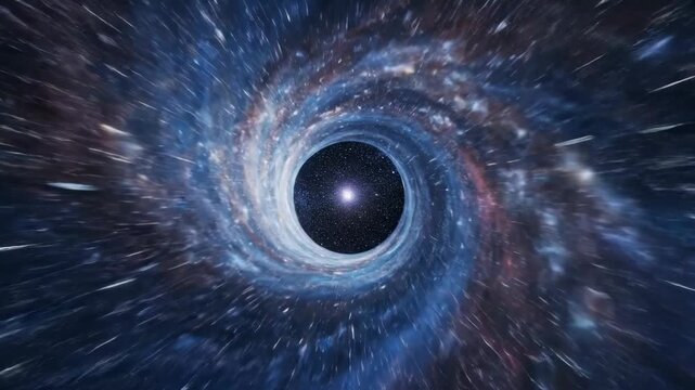Sequence of interstellar travel through a wormhole in deep space. Journey into a black hole singularity showing gravitational lensing and the event horizon for a sci-fi concept
