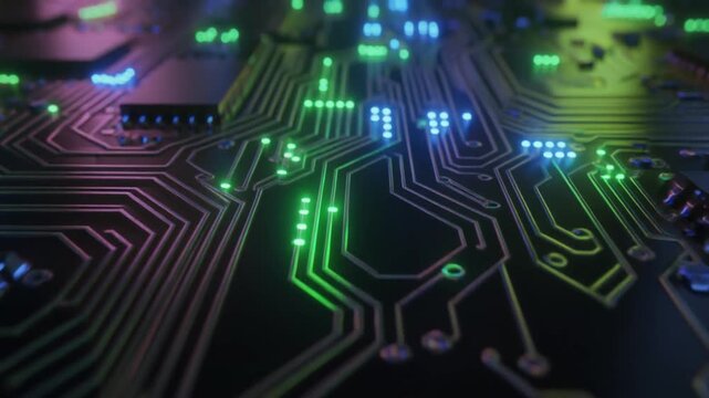 Futuristic circuit board with glowing green and blue light pulses moves across the screen in a smooth panning motion for high-tech digital background stock video.